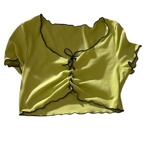 SHEIN Sage Green With Black Lace Ribbon Front Crop Top